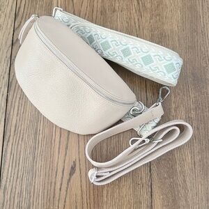 DIAS Lt. Pink / Nude Handmade Leather Crossbody Bag Patterned Strap C Greece